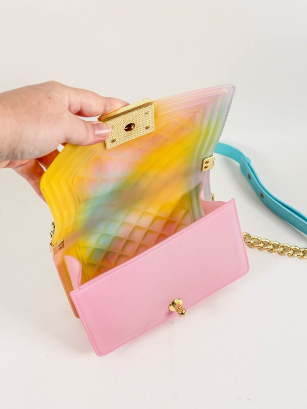 Pastel Rainbow Jelly Crossbody Bag Gold Chain Strap Quilted Candy Color Purse - Picture 4 of 8